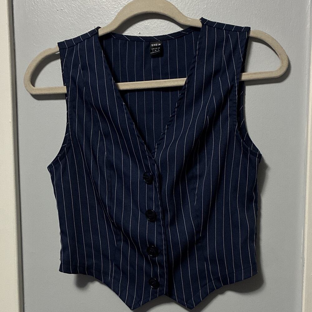 SHEIN Women's Blue/White Pinstripe Cropped Suit Vest Button Front Sleeveless S